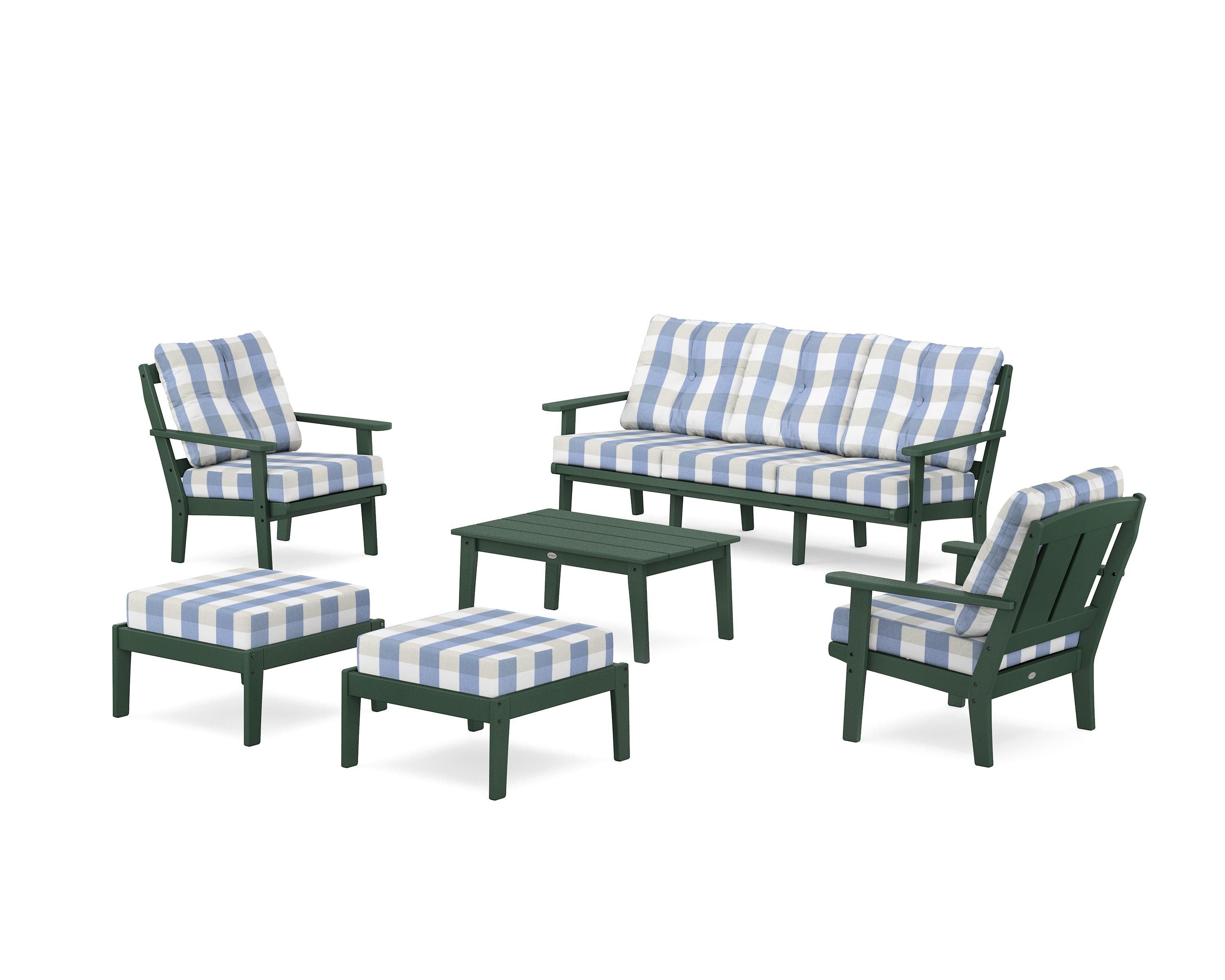 POLYWOOD® Mission 6-Piece Lounge Sofa Set in Green / Buffalo Plaid Sky Blue