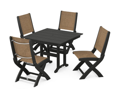POLYWOOD® Coastal Folding Side Chair 5-Piece Farmhouse Dining Set in Black / Burlap Sling