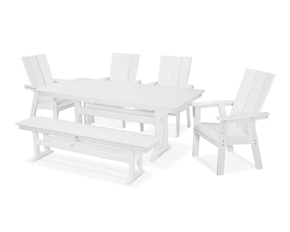 POLYWOOD® Modern Curveback Adirondack 6-Piece Farmhouse Dining Set with Trestle Legs and Bench in White