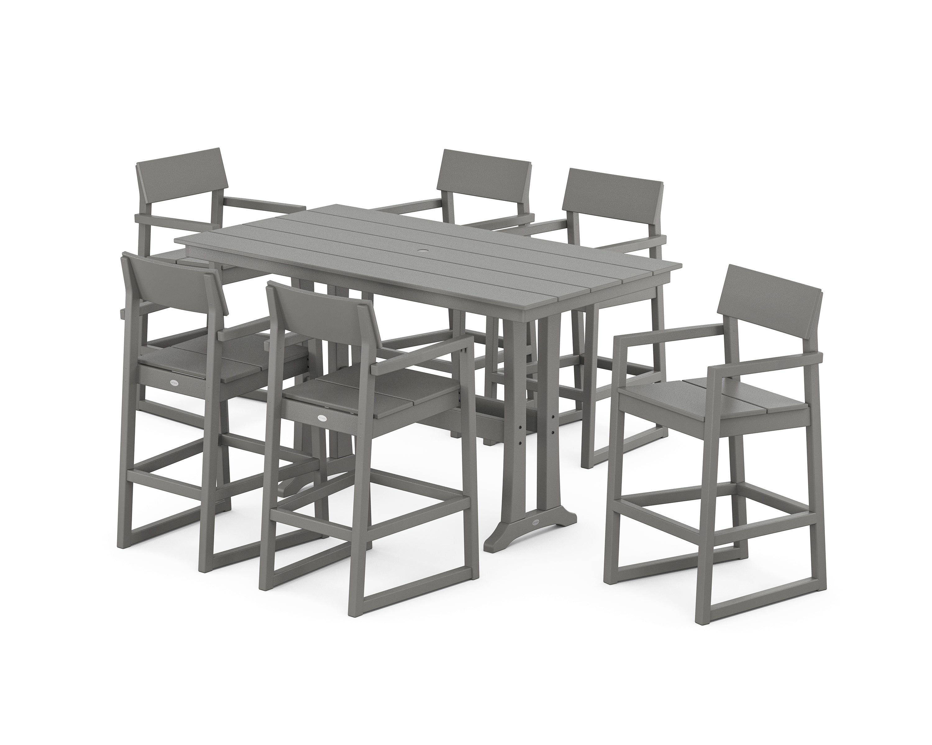 POLYWOOD® EDGE Arm Chair 7-Piece Farmhouse Bar Set with Trestle Legs in Slate Grey