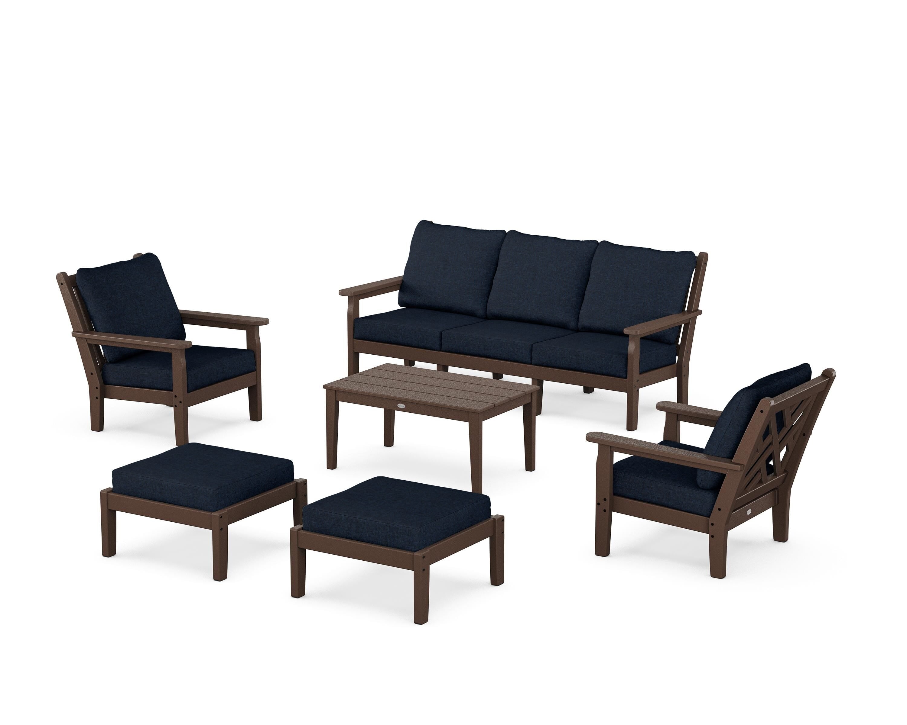 POLYWOOD® Chippendale 6-Piece Lounge Sofa Set in Mahogany / Marine Indigo