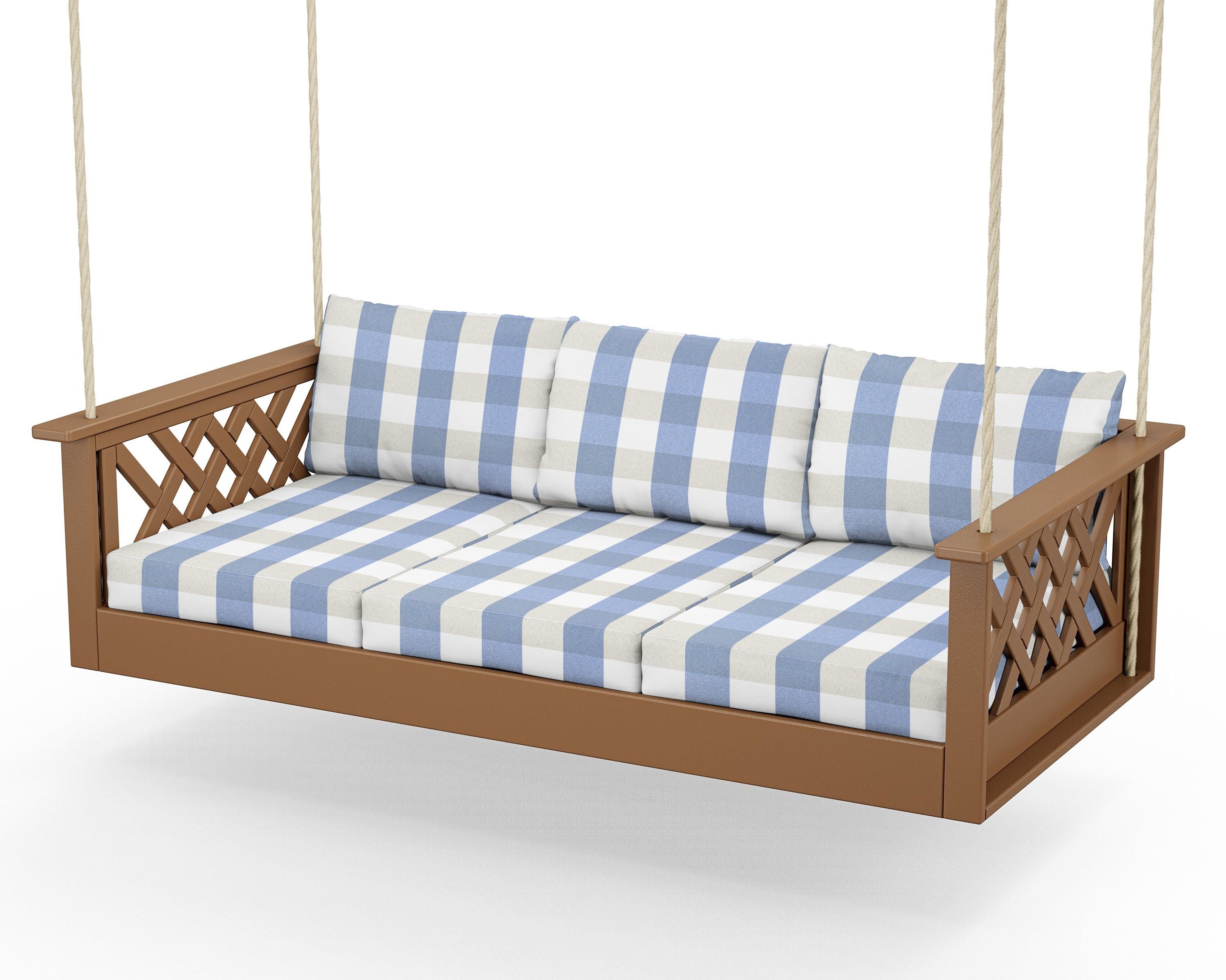 Country Living Wovendale Daybed Swing in Teak / Buffalo Plaid Sky Blue