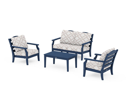 Draper James™ by  POLYWOOD® Savannah 4-Piece Deep Seating Set with Loveseat in Navy / Trellis Dune Burlap