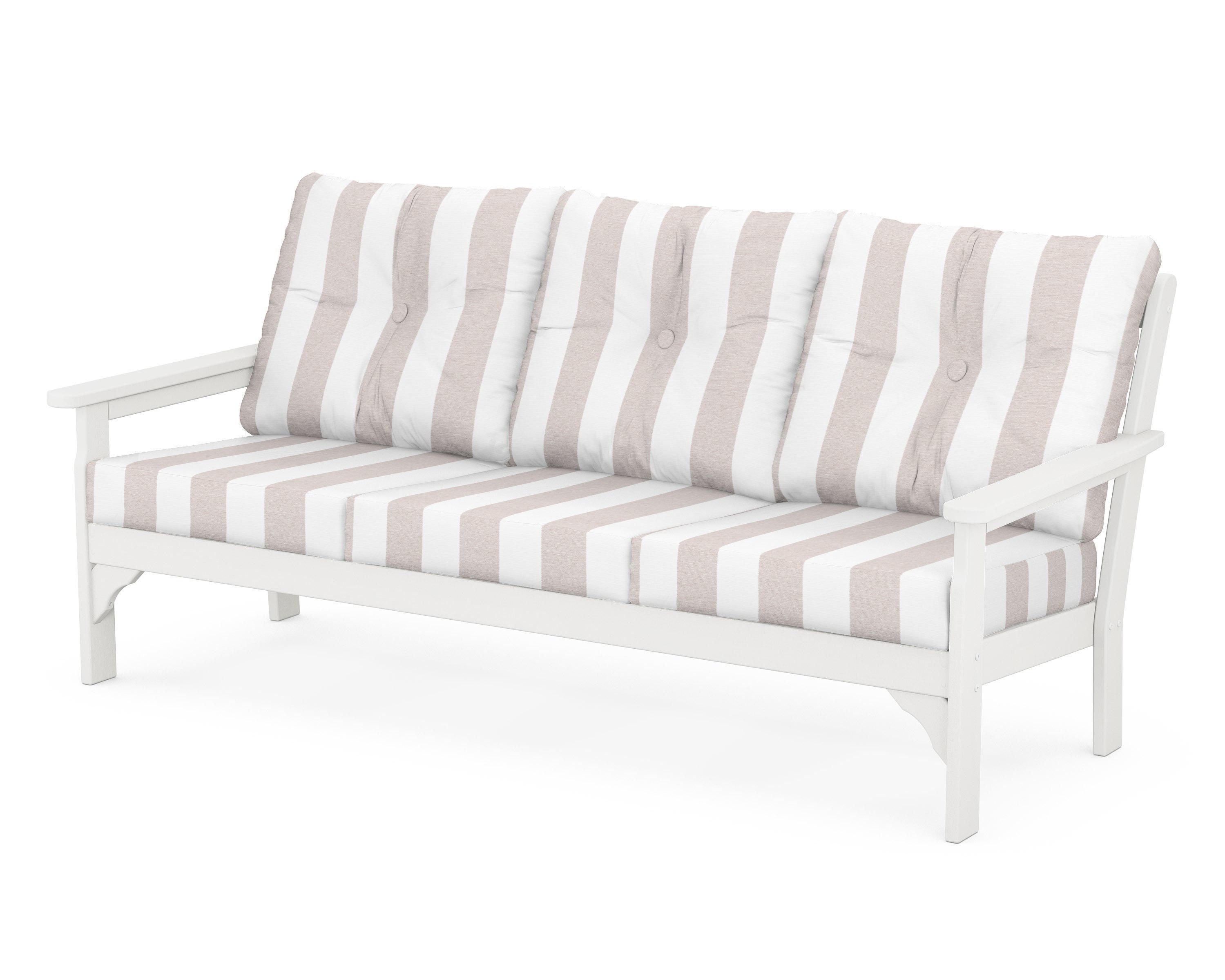 POLYWOOD® Vineyard Deep Seating Sofa in White / Cabana Stripe Dune Burlap