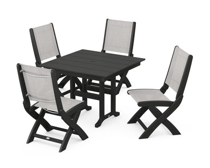 POLYWOOD® Coastal Folding Side Chair 5-Piece Farmhouse Dining Set in Black / Parchment Sling