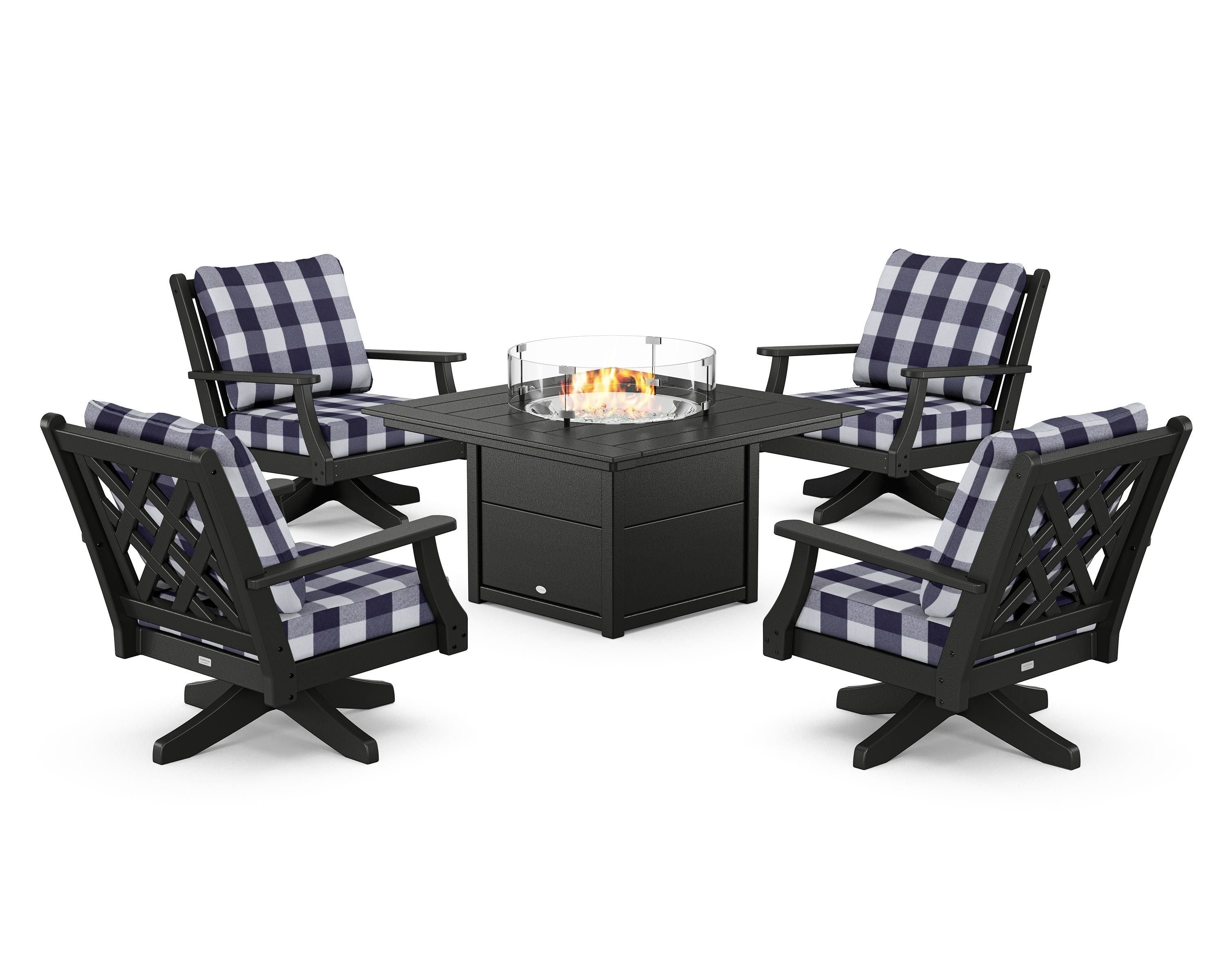 Country Living Wovendale 5-Piece Deep Seating Swivel Conversation Set with Fire Pit Table in Black / Buffalo Plaid Navy