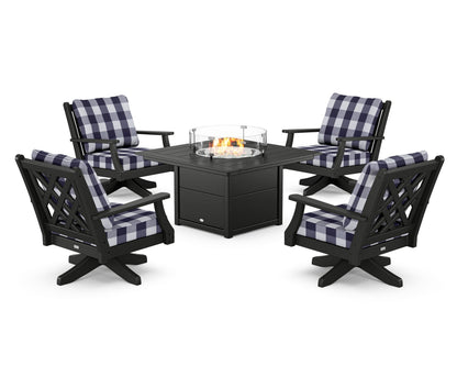 Country Living Wovendale 5-Piece Deep Seating Swivel Conversation Set with Fire Pit Table in Black / Buffalo Plaid Navy