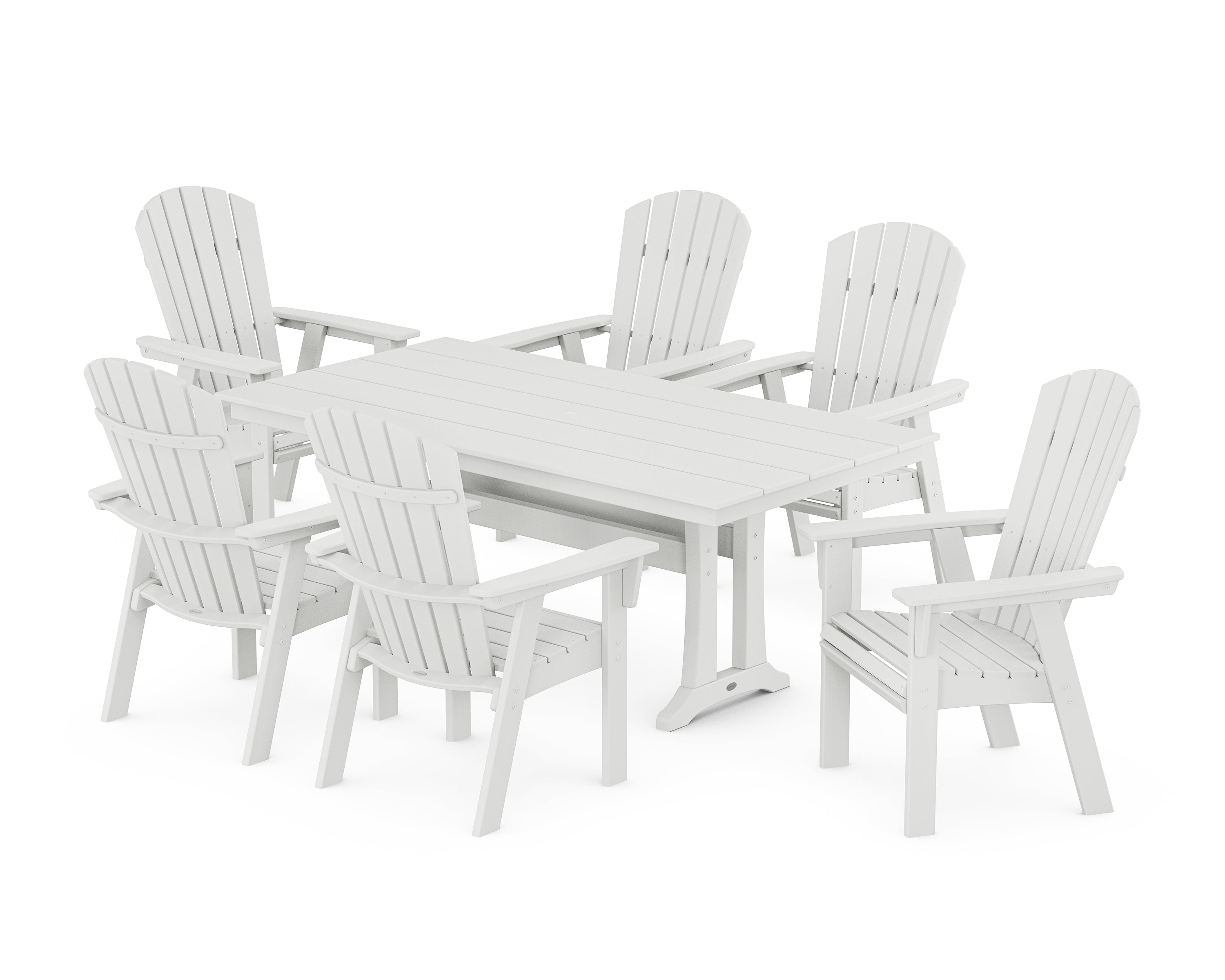 POLYWOOD® Nautical Curveback Adirondack 7-Piece Farmhouse Dining Set with Trestle Legs in White