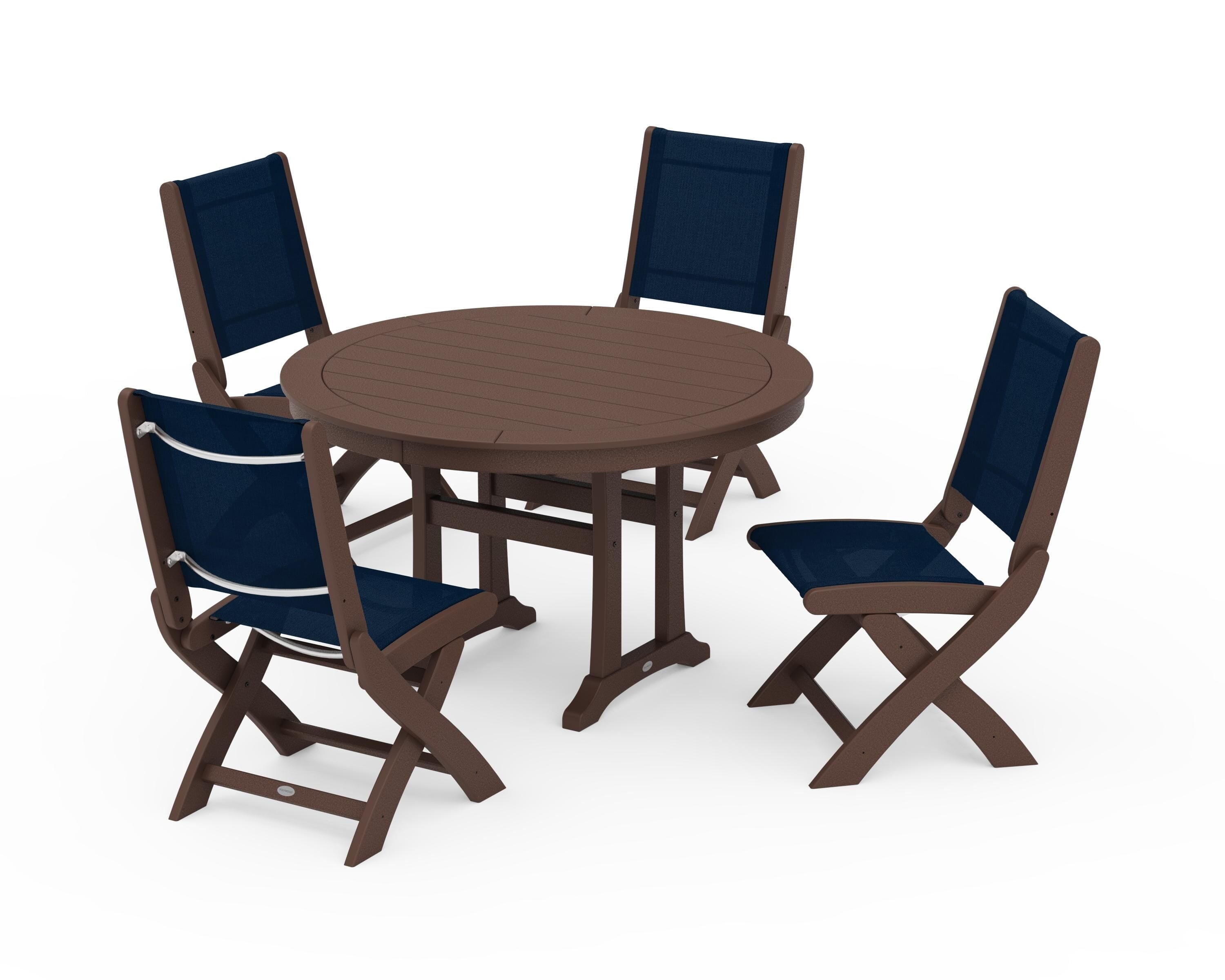 POLYWOOD® Coastal Folding Side Chair 5-Piece Round Dining Set With Trestle Legs in Mahogany / Navy Blue Sling