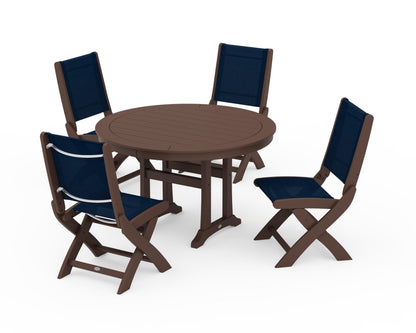 POLYWOOD® Coastal Folding Side Chair 5-Piece Round Dining Set With Trestle Legs in Mahogany / Navy Blue Sling