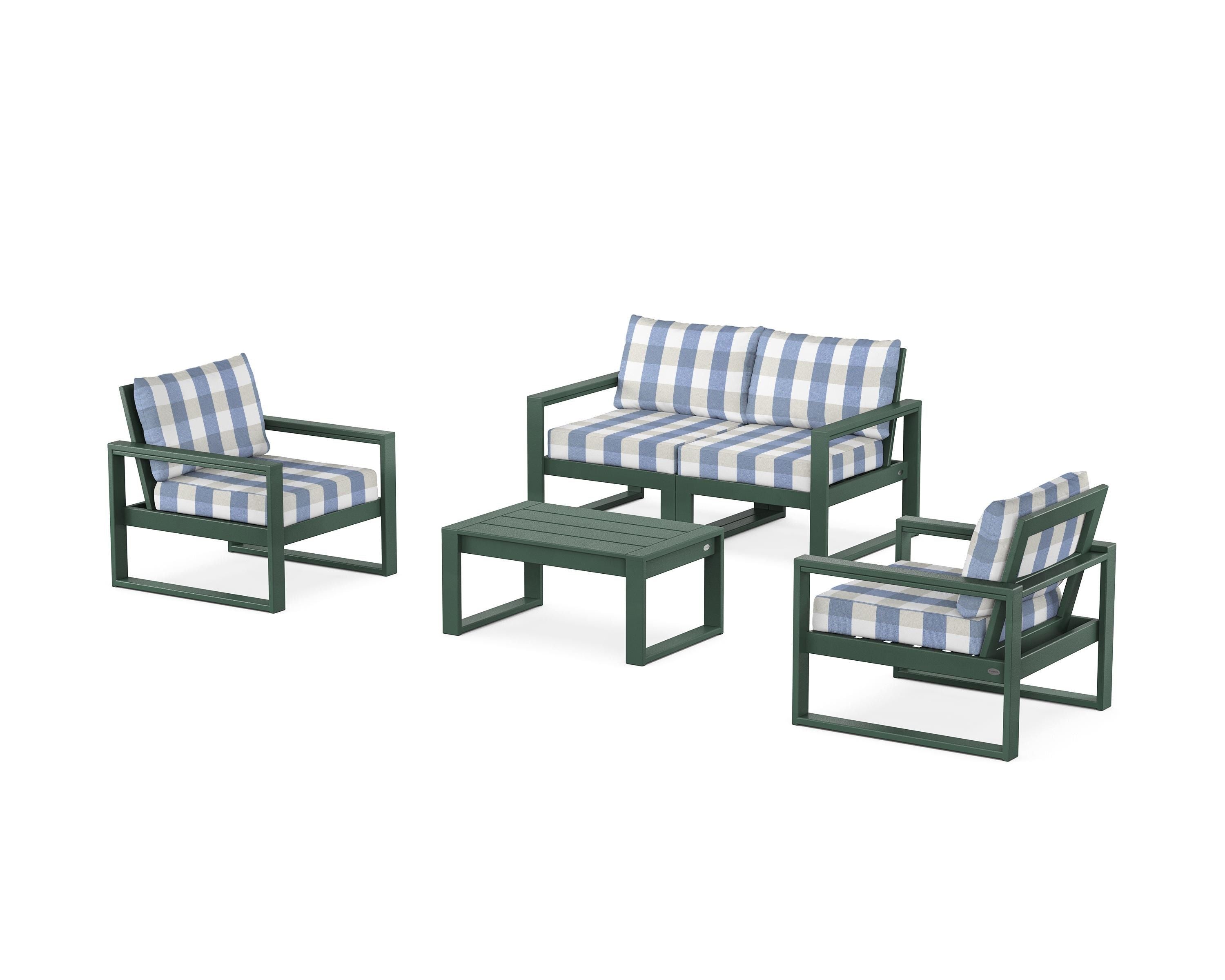 POLYWOOD® EDGE Sectional 4-Piece Deep Seating Set with Loveseat in Green / Buffalo Plaid Sky Blue