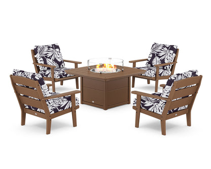 POLYWOOD® Lakeside 5-Piece Deep Seating Set with Nautical Fire Pit Table in Teak / Leaf Navy