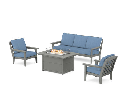 Country Living Cottage Deep Seating Fire Pit Table Set in Slate Grey / Sky Blue