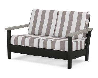 POLYWOOD® Harbour Deep Seating Loveseat in Black / Driftwood / Cabana Stripe Grey Mist