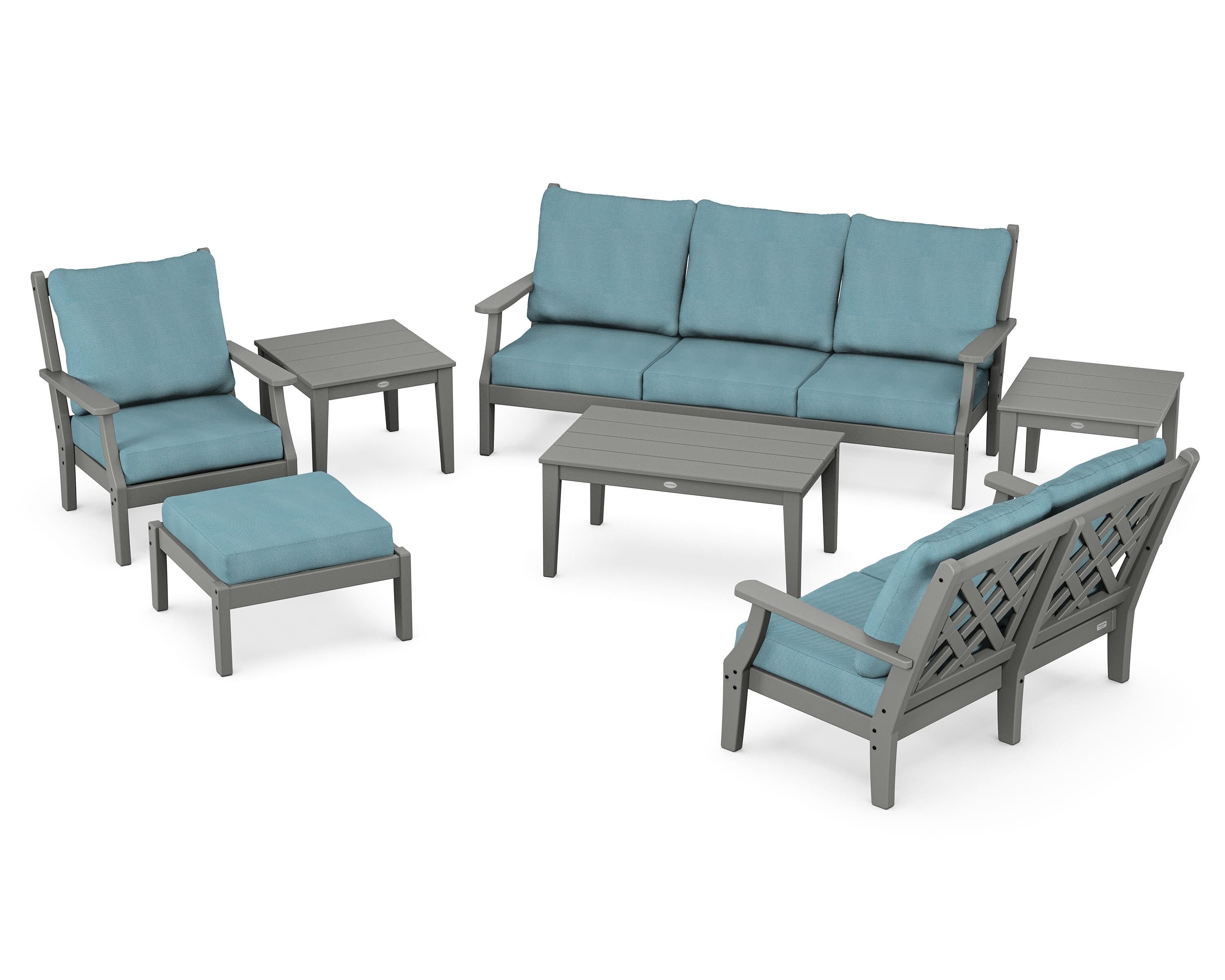 Country Living Wovendale 7-Piece Deep Seating Set in Slate Grey / Lattice Sky Blue