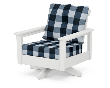 POLYWOOD® Prescott Deep Seating Swivel Chair in White / Buffalo Plaid Marine Indigo