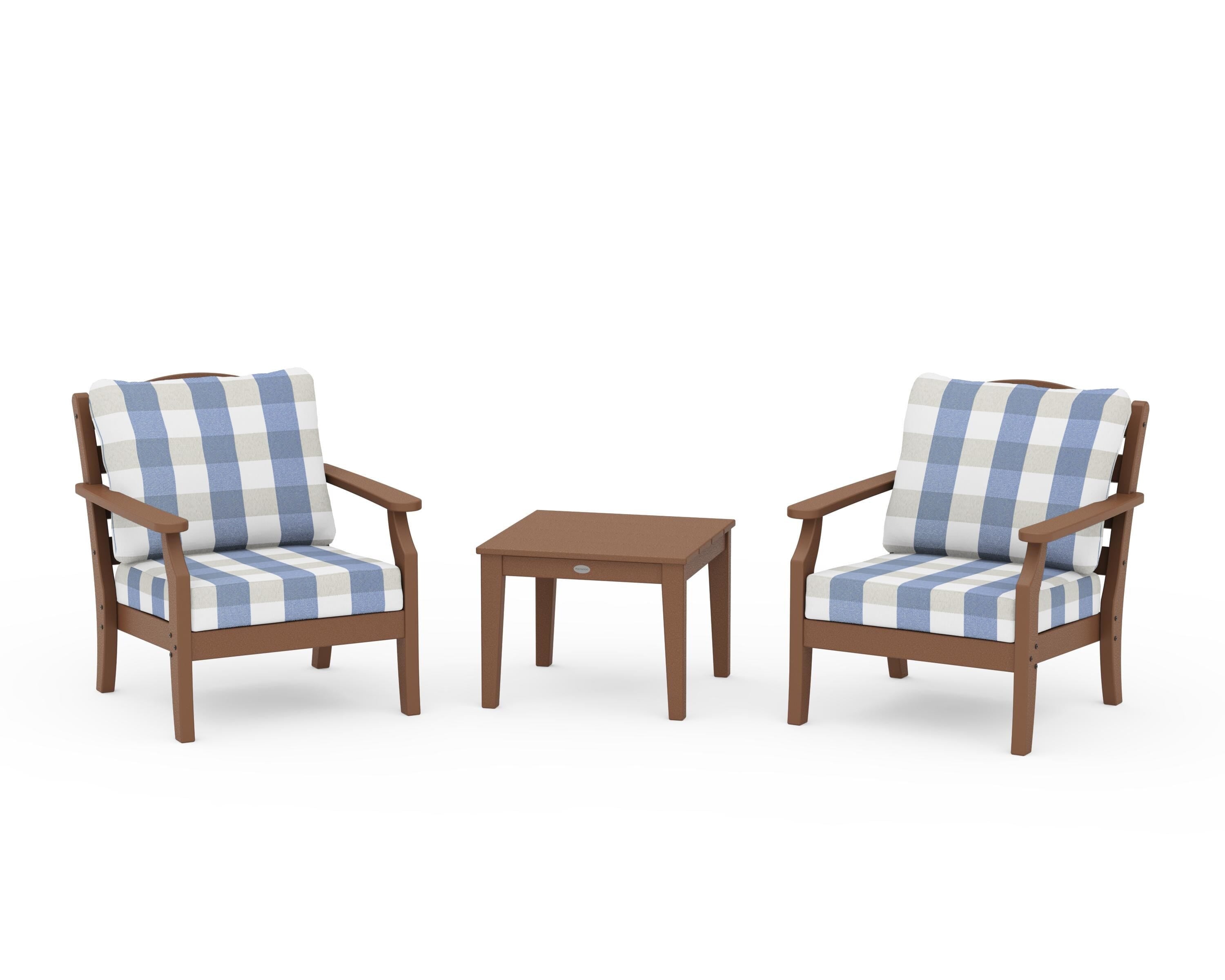 Draper James™ by  POLYWOOD® Savannah 3-Piece Deep Seating Set in Teak / Buffalo Plaid Sky Blue