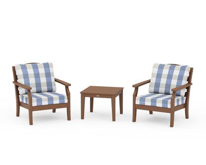 Draper James™ by  POLYWOOD® Savannah 3-Piece Deep Seating Set in Teak / Buffalo Plaid Sky Blue
