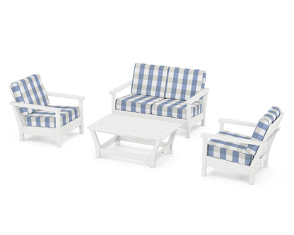 POLYWOOD® Harbour 4-Piece Deep Seating Set in White / Buffalo Plaid Sky Blue
