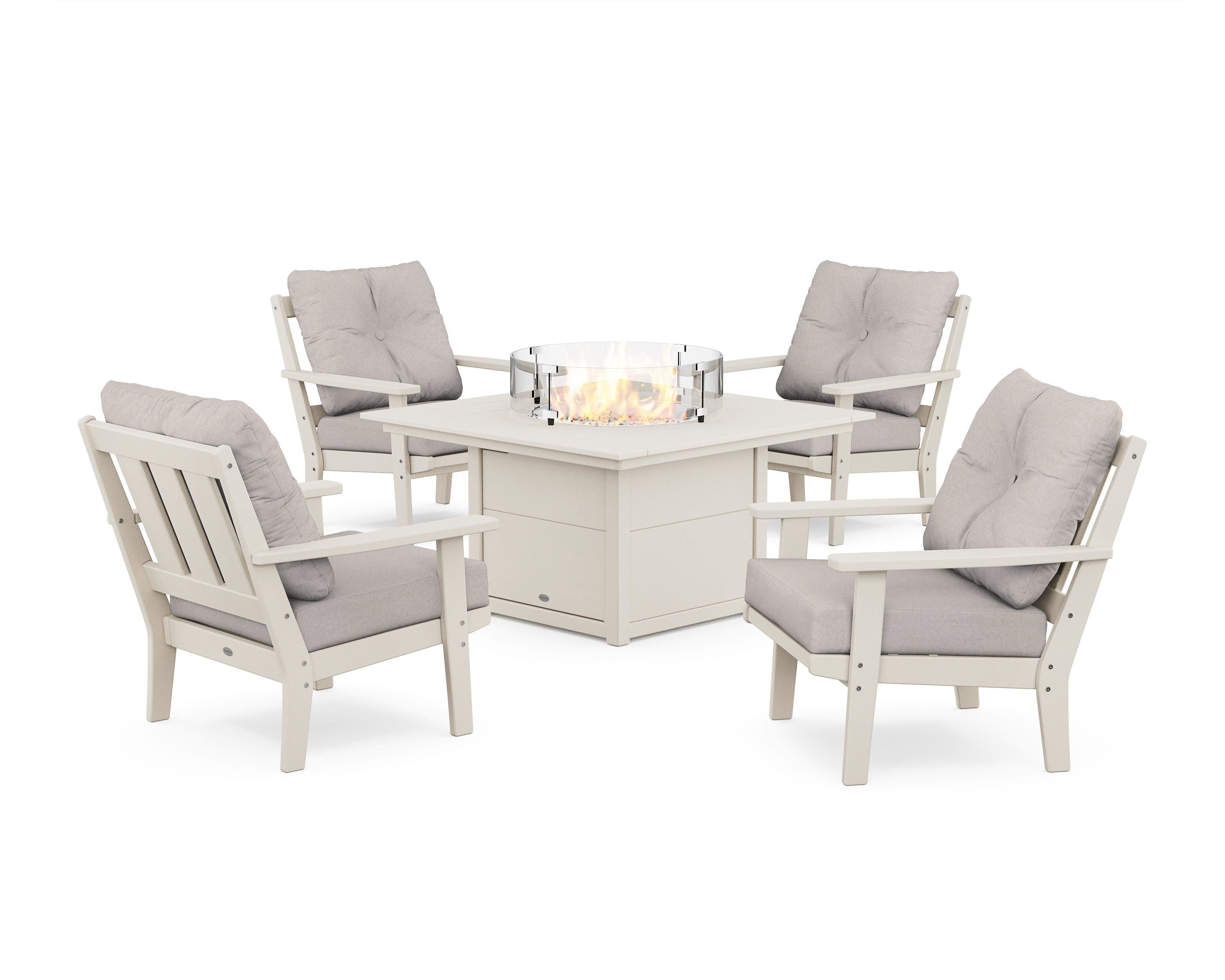 POLYWOOD® Oxford 5-Piece Deep Seating Set with Fire Pit Table in Sand / Dune Burlap