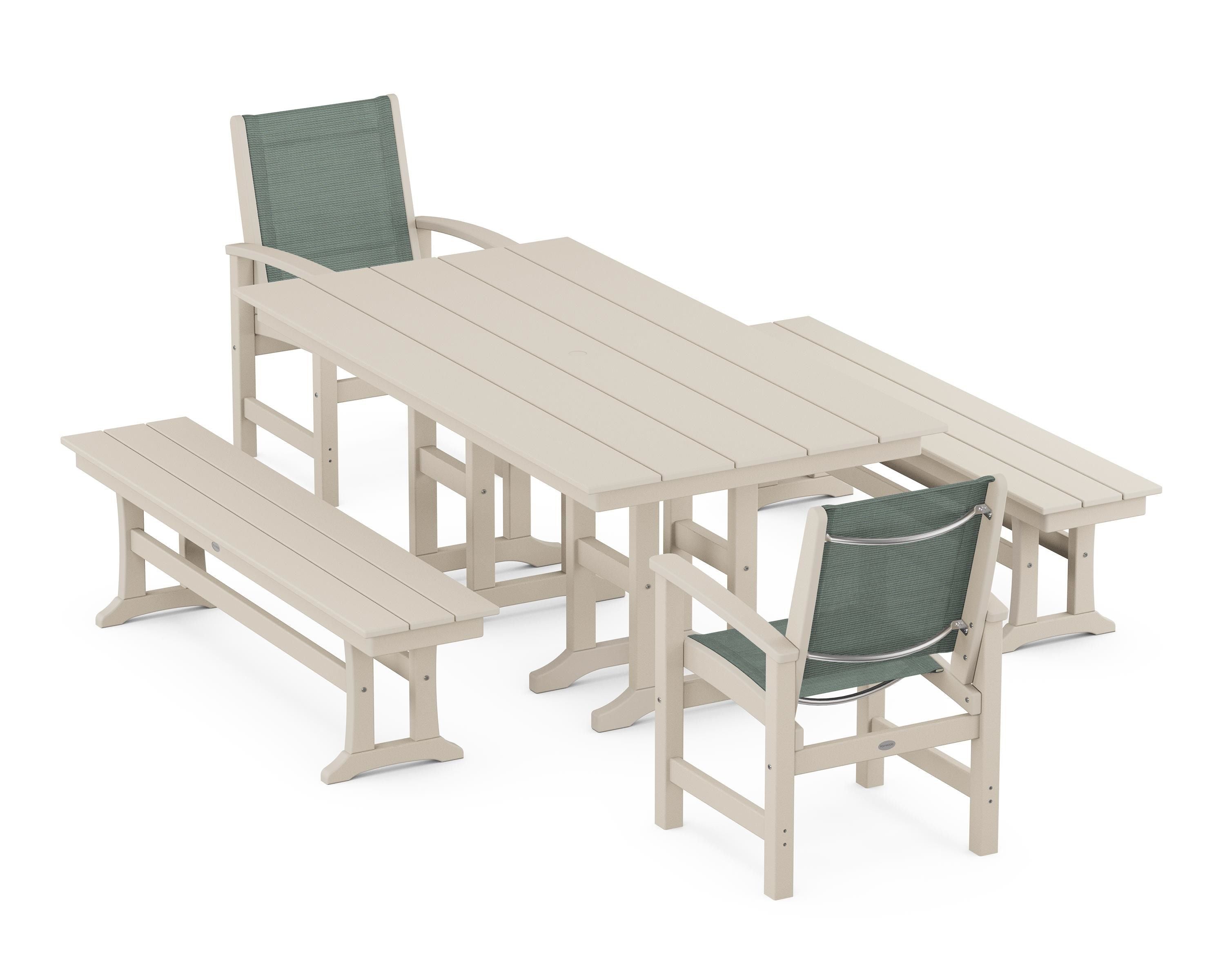 POLYWOOD® Coastal 5-Piece Farmhouse Dining Set in Sand / Dupioni Sea Mist Sling