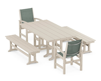 POLYWOOD® Coastal 5-Piece Farmhouse Dining Set in Sand / Dupioni Sea Mist Sling