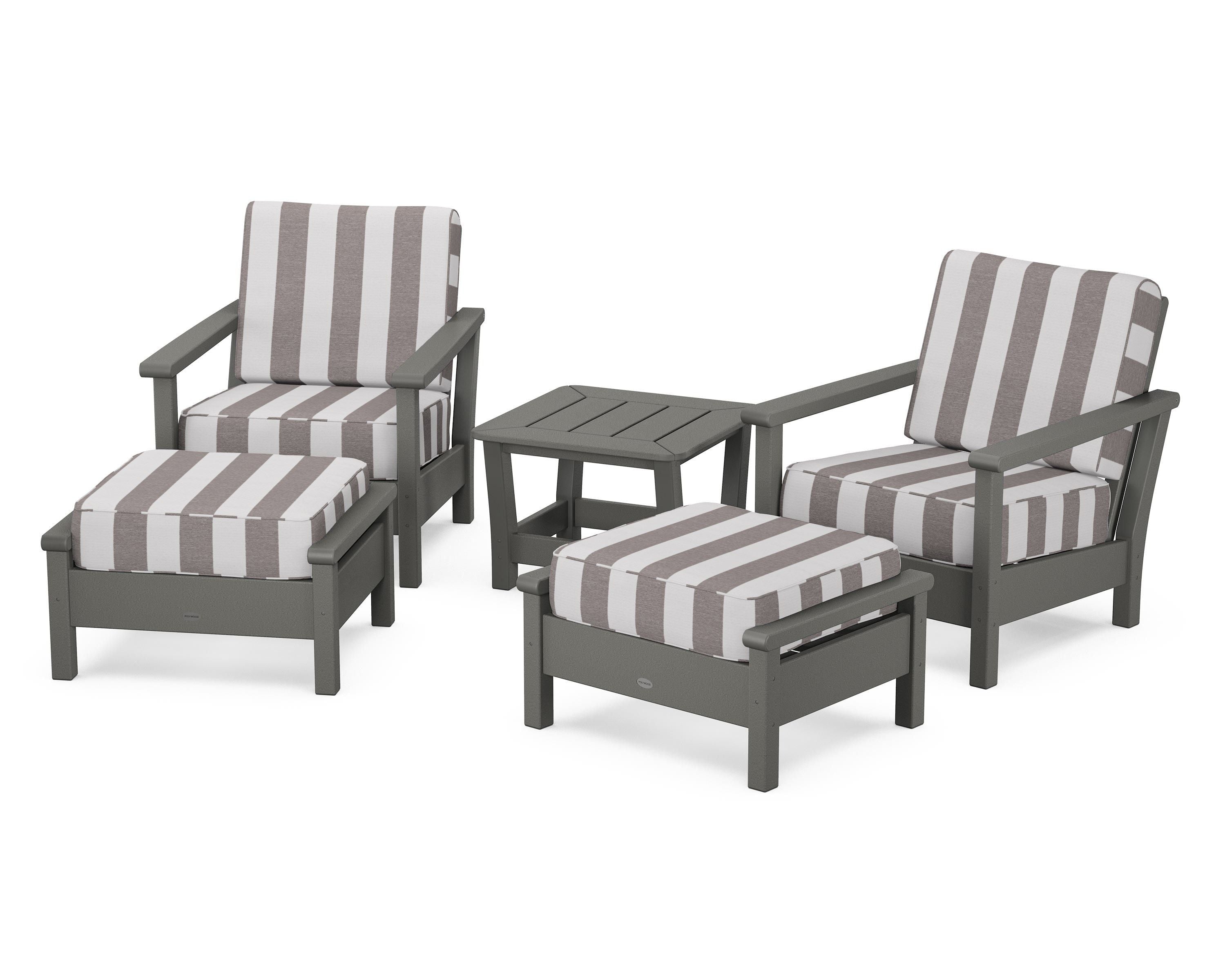 POLYWOOD® Harbour 5-Piece Deep Seating Chair Set in Slate Grey / Cabana Stripe Grey Mist