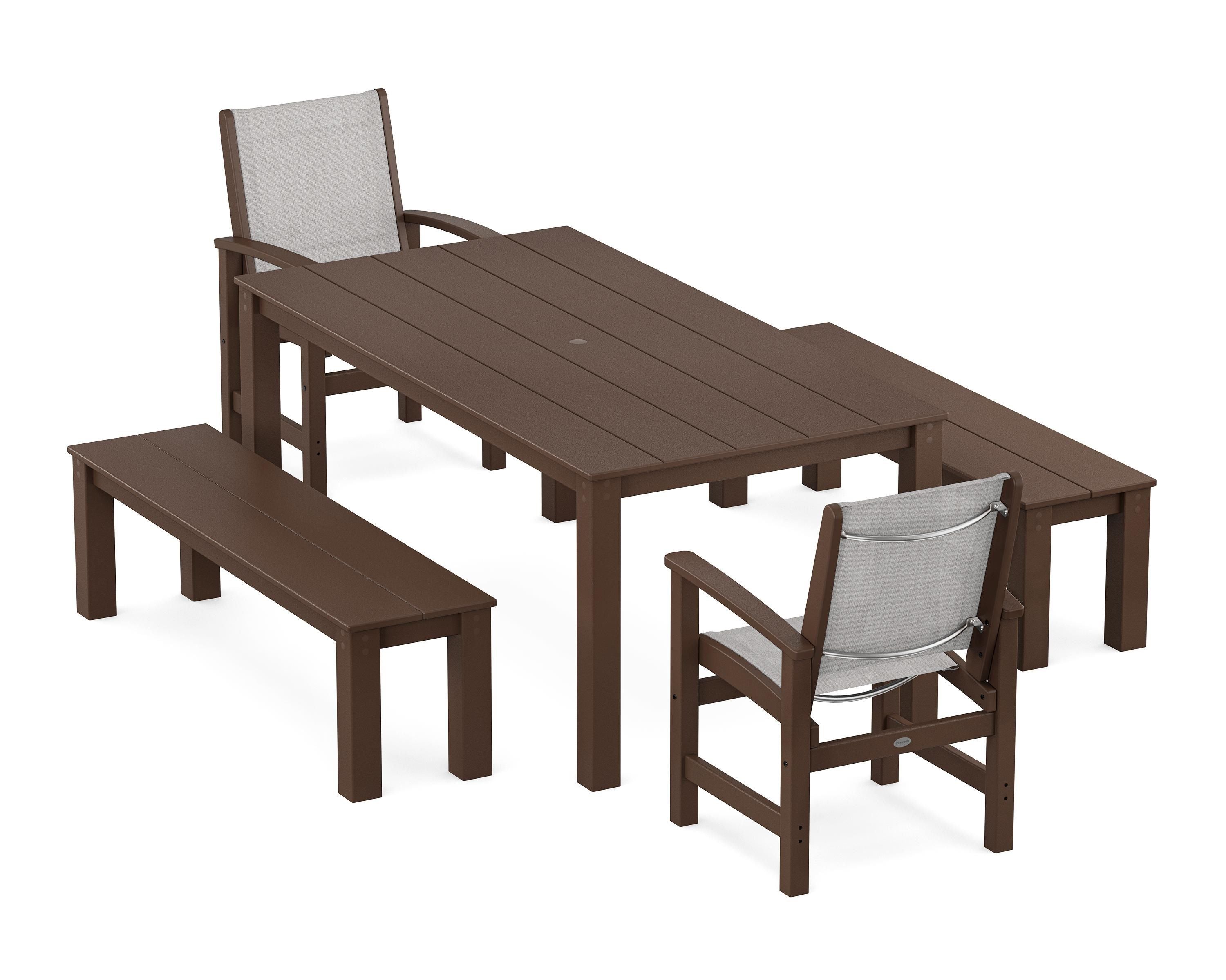 POLYWOOD® Coastal 5-Piece Parsons Dining Set with Benches in Mahogany / Parchment Sling