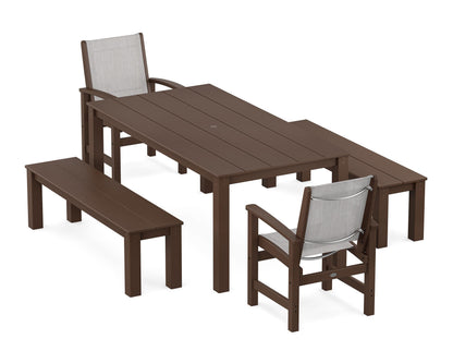 POLYWOOD® Coastal 5-Piece Parsons Dining Set with Benches in Mahogany / Parchment Sling