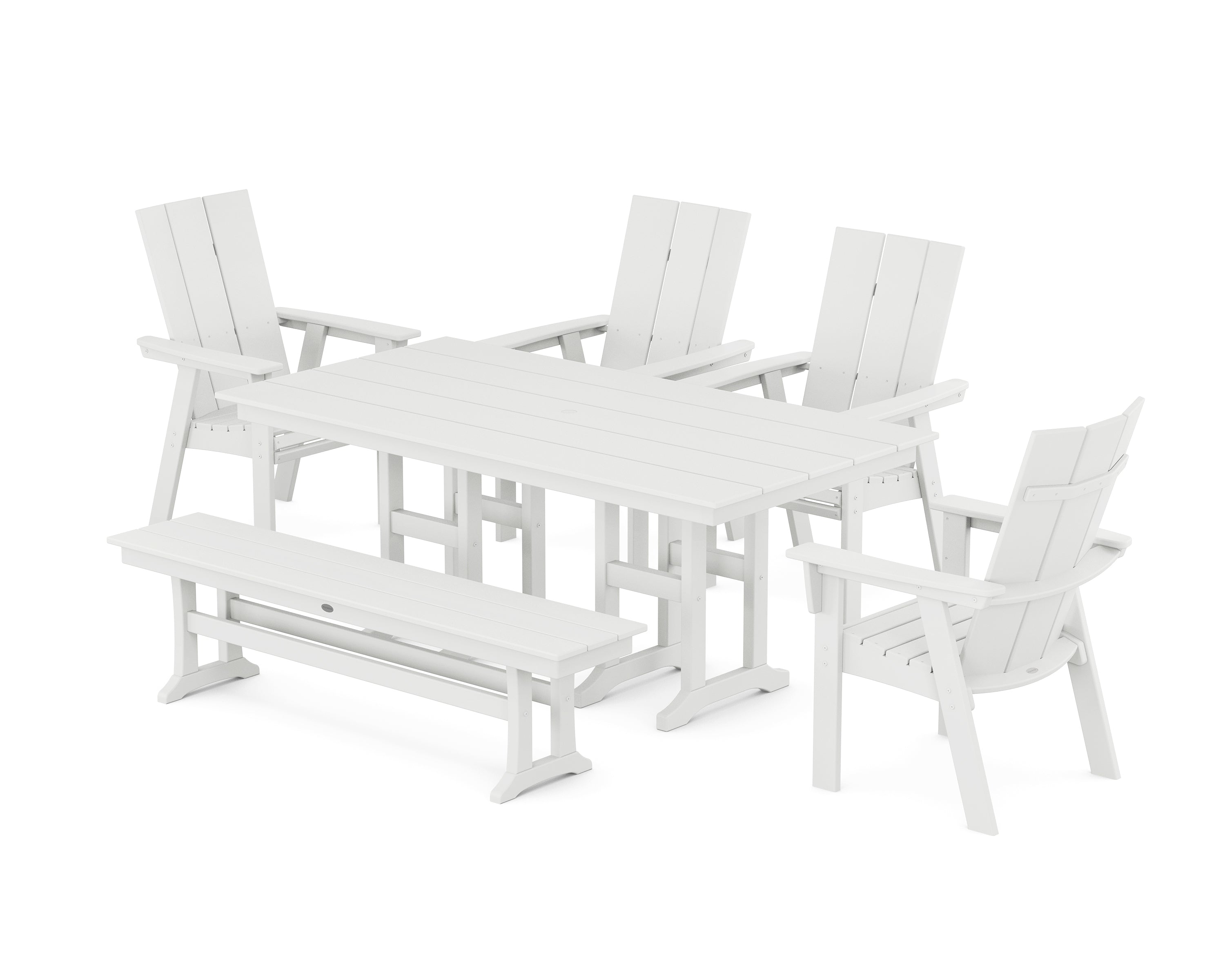 POLYWOOD® Modern Curveback Adirondack 6-Piece Farmhouse Dining Set with Bench in White