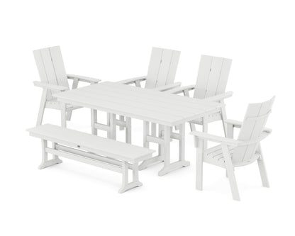 POLYWOOD® Modern Curveback Adirondack 6-Piece Farmhouse Dining Set with Bench in White