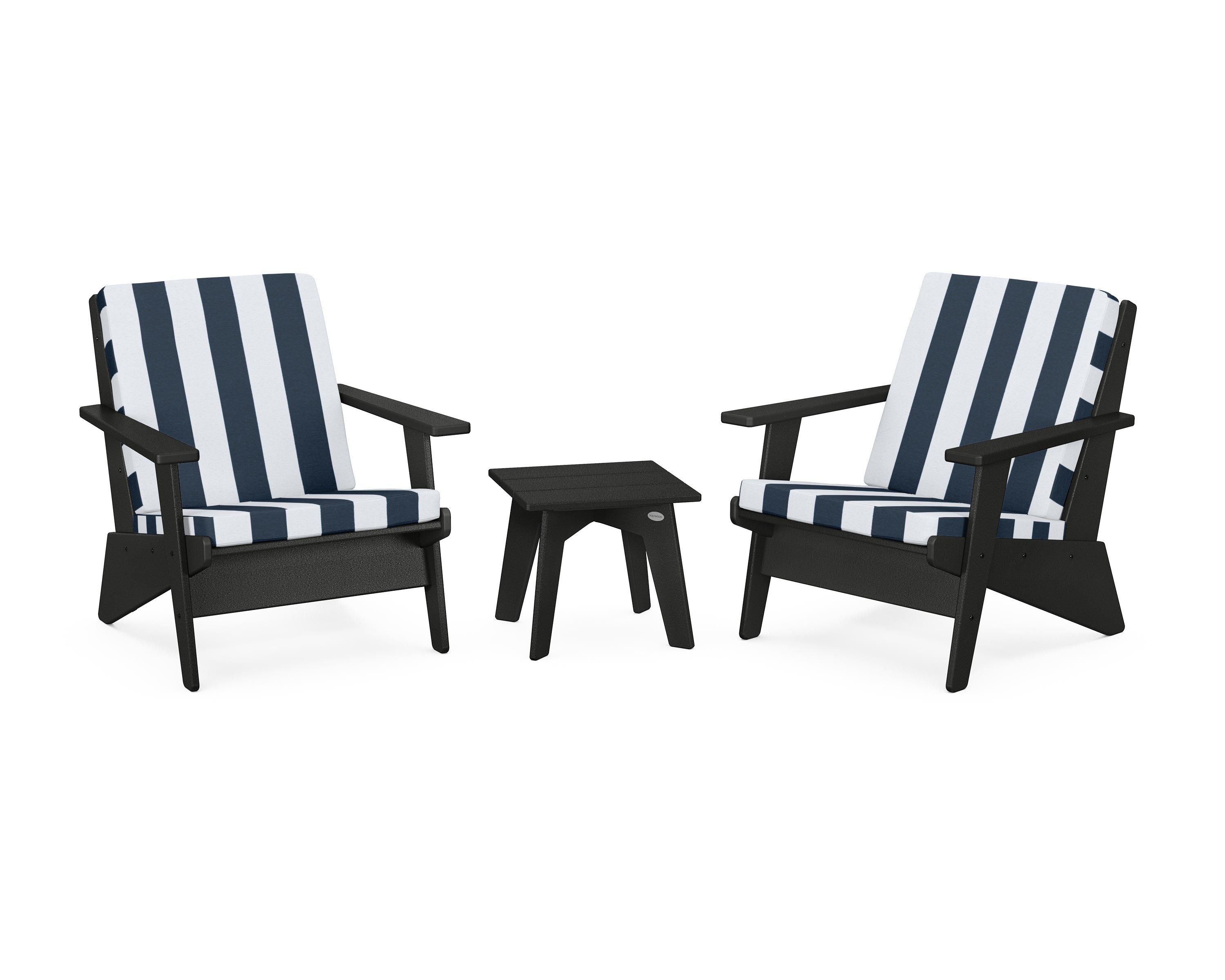 POLYWOOD® Riviera Modern Lounge 3-Piece Set in Black / Cabana Stripe Marine Indigo