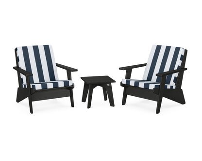 POLYWOOD® Riviera Modern Lounge 3-Piece Set in Black / Cabana Stripe Marine Indigo