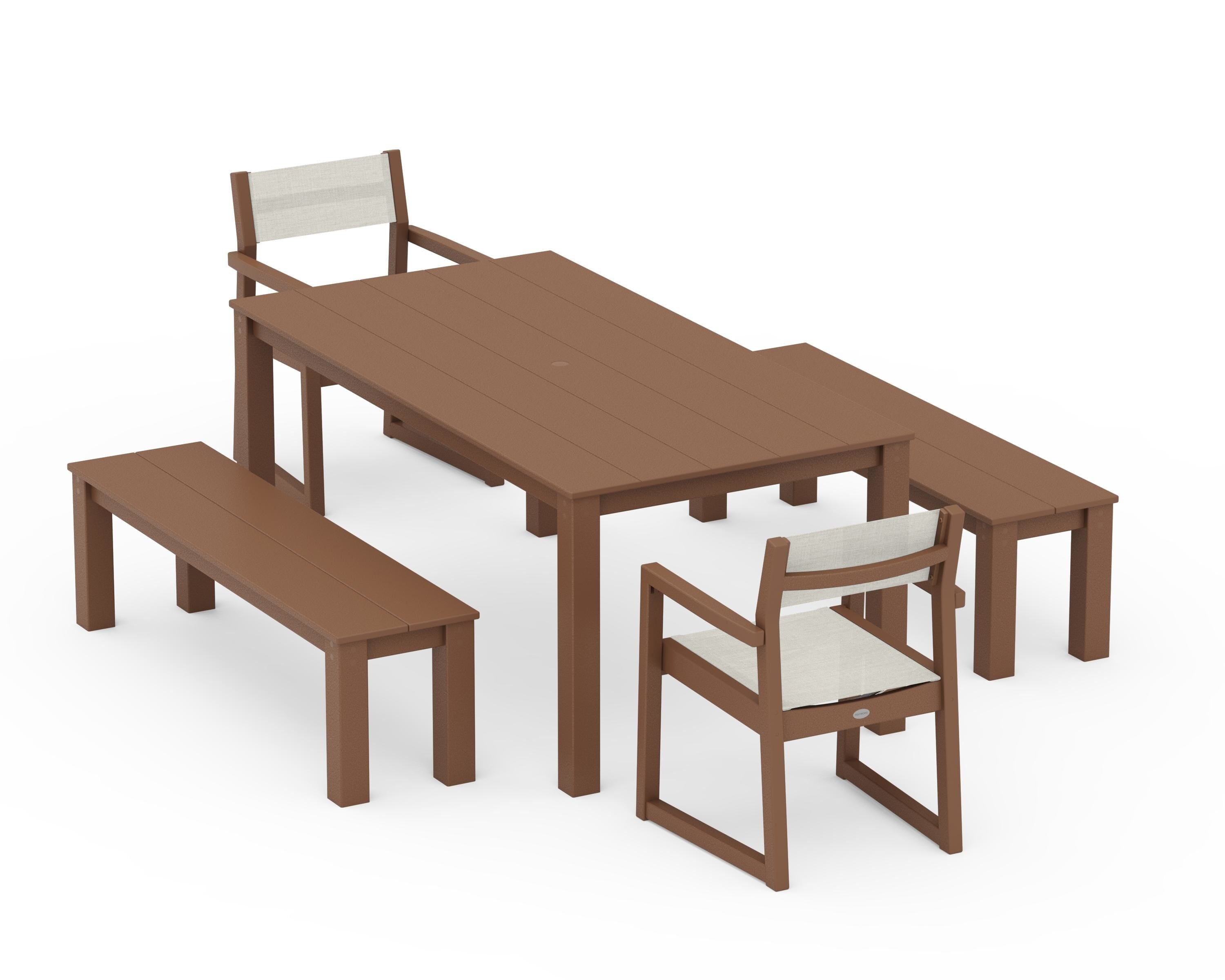 POLYWOOD® EDGE Sling Arm Chair 5-Piece Parsons Dining Set with Benches in Teak / Parchment Sling