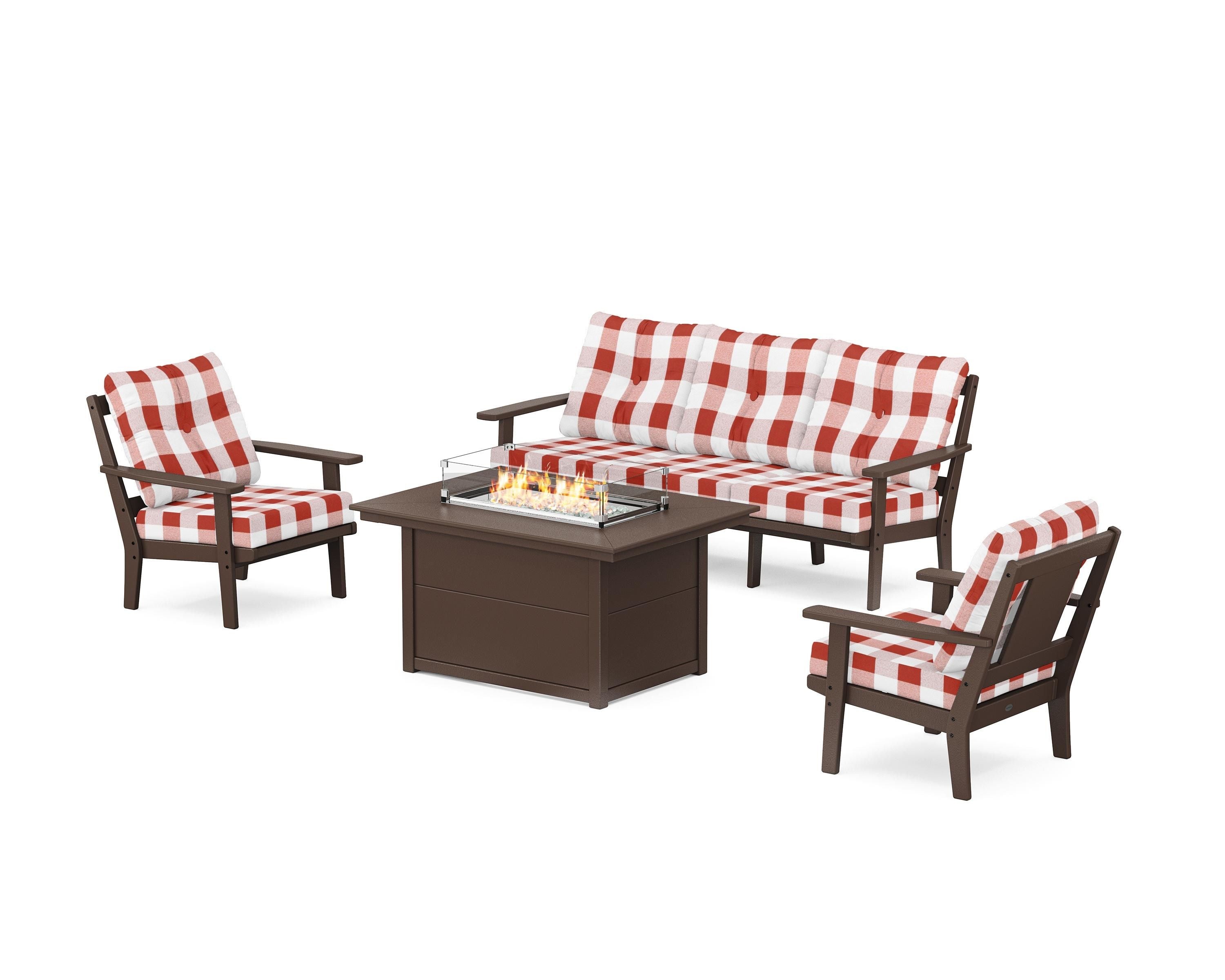 POLYWOOD® Prairie Deep Seating Fire Pit Table Set in Mahogany / Buffalo Plaid Crimson