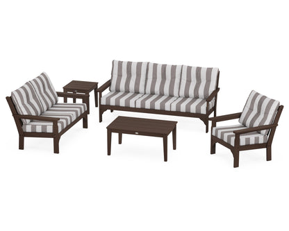 POLYWOOD® Vineyard 5 Piece Deep Seating Set in Mahogany / Cabana Stripe Grey Mist