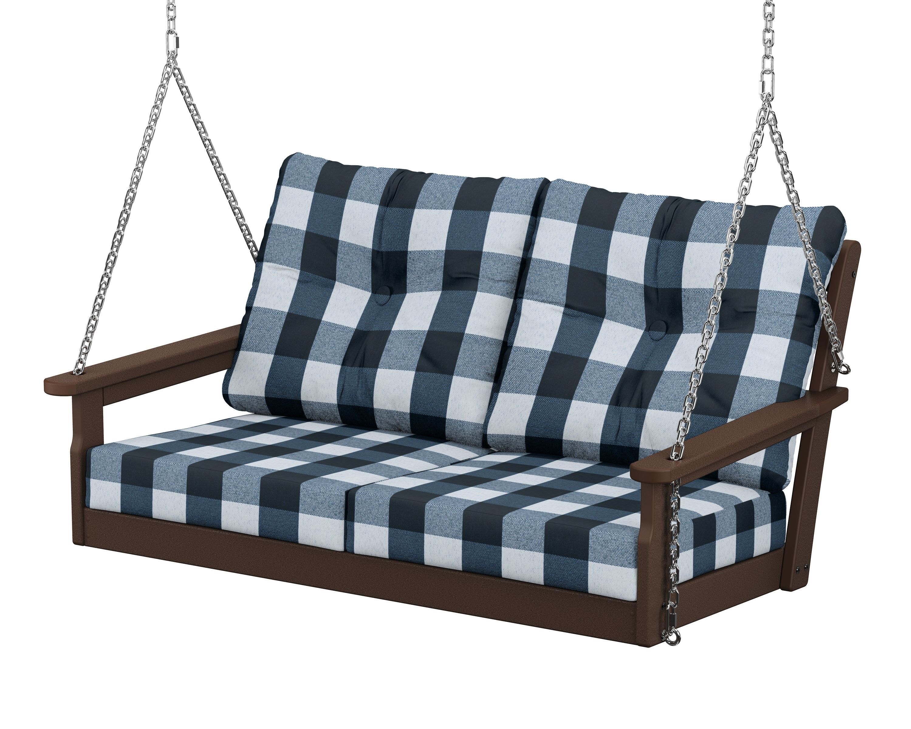 POLYWOOD® Vineyard Deep Seating Swing in Mahogany / Buffalo Plaid Marine Indigo