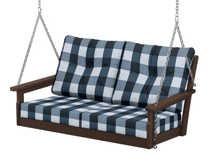 POLYWOOD® Vineyard Deep Seating Swing in Mahogany / Buffalo Plaid Marine Indigo