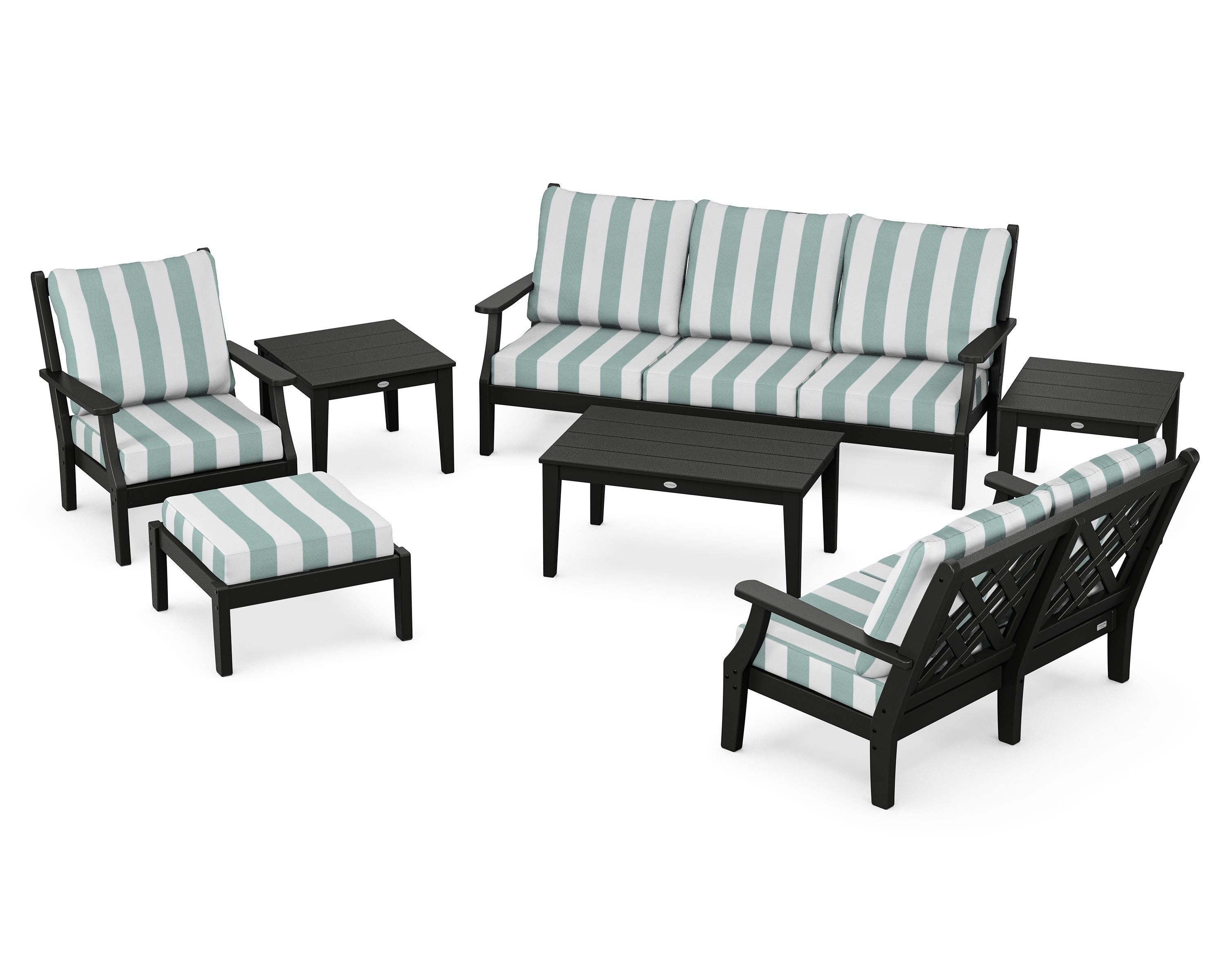 Country Living Wovendale 7-Piece Deep Seating Set in Black / Cabana Stripe Glacier Spa