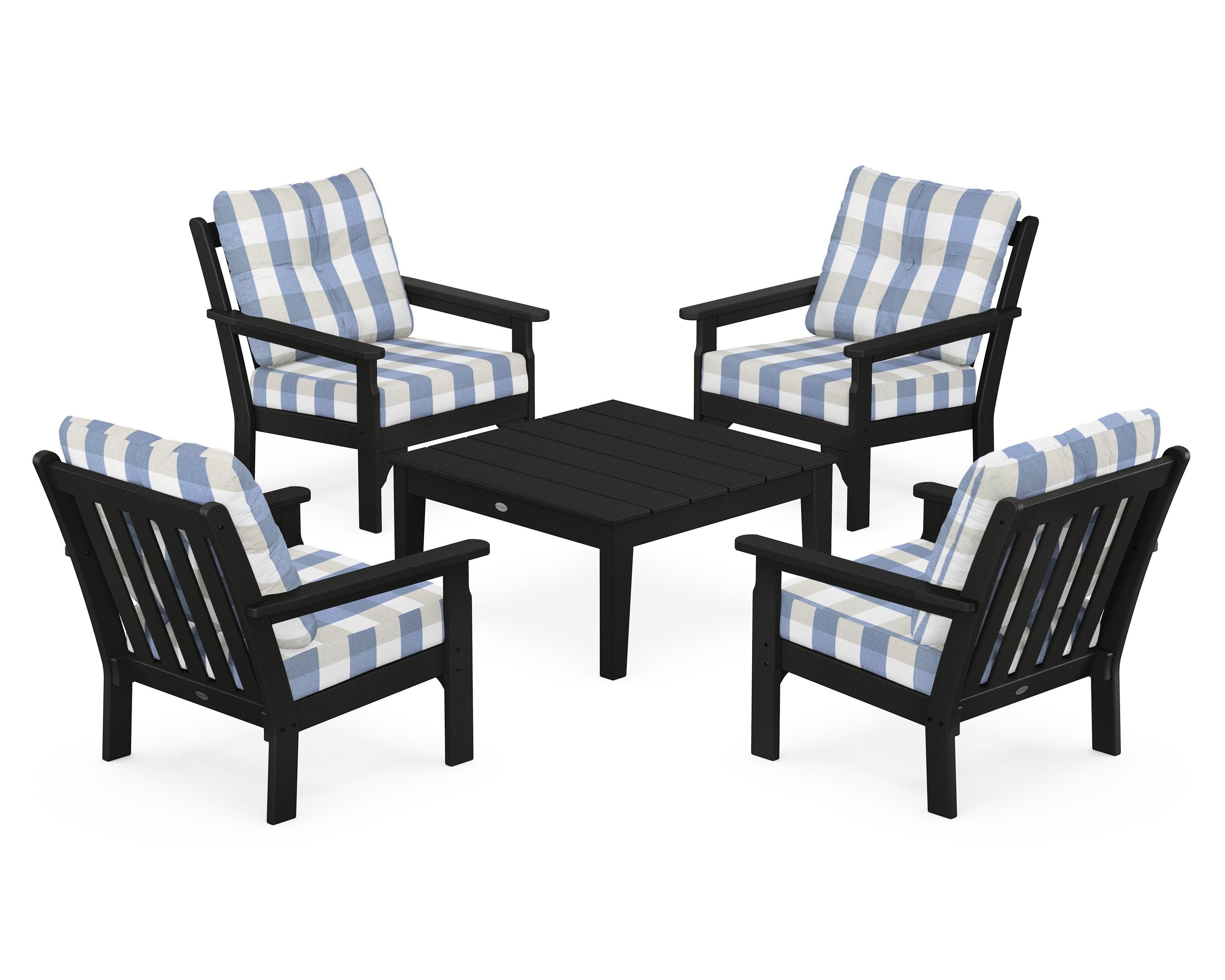 POLYWOOD® Vineyard 5-Piece Deep Seating Conversation Set in Black / Buffalo Plaid Sky Blue