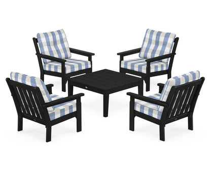 POLYWOOD® Vineyard 5-Piece Deep Seating Conversation Set in Black / Buffalo Plaid Sky Blue