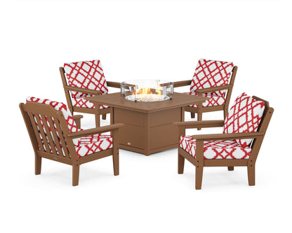 Country Living Cottage 5-Piece Deep Seating Set with Fire Pit Table in Teak / Trellis Crimson