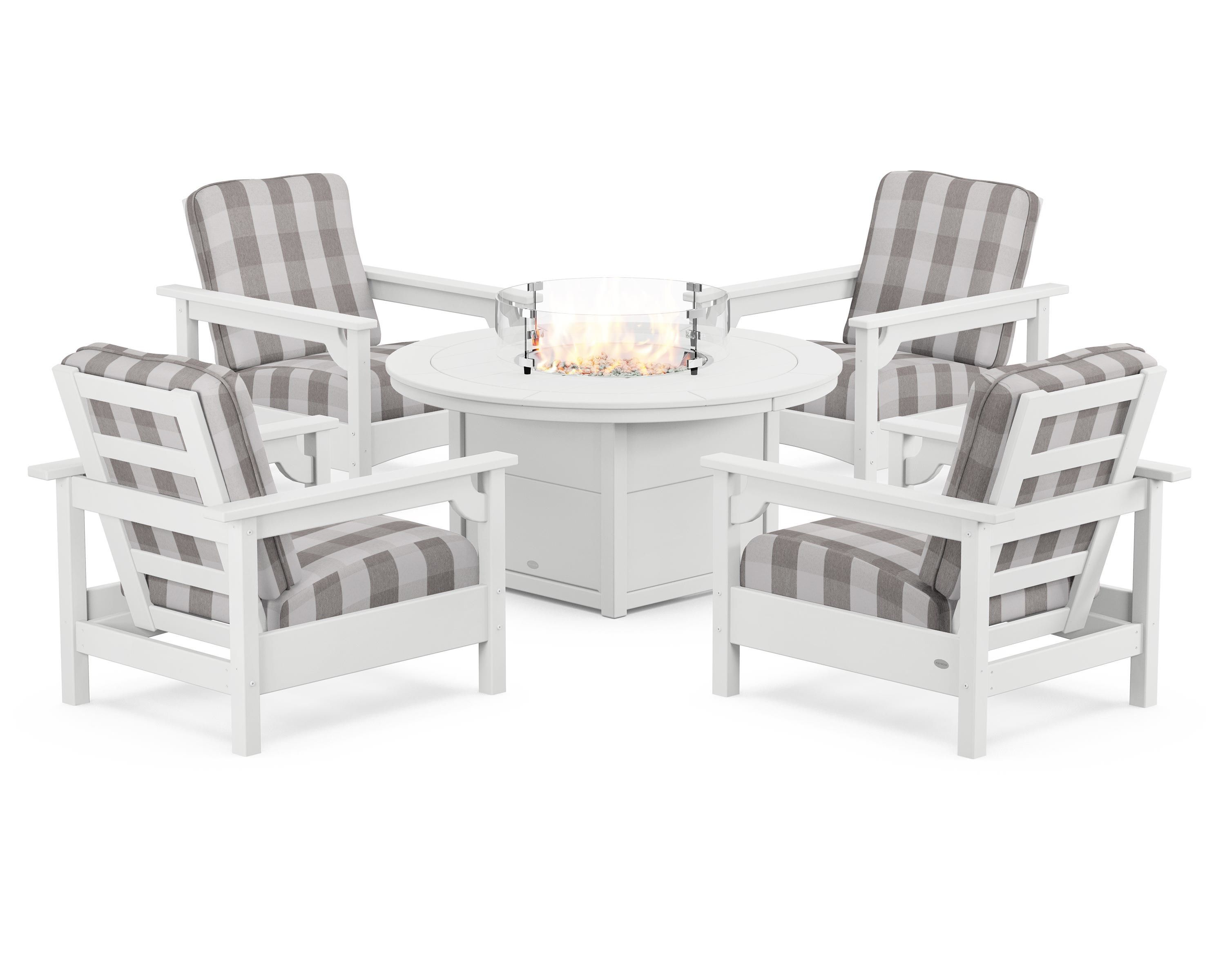 POLYWOOD® Club 5-Piece Conversation Set with Fire Pit Table in White / Buffalo Plaid Grey Mist