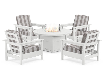 POLYWOOD® Club 5-Piece Conversation Set with Fire Pit Table in White / Buffalo Plaid Grey Mist