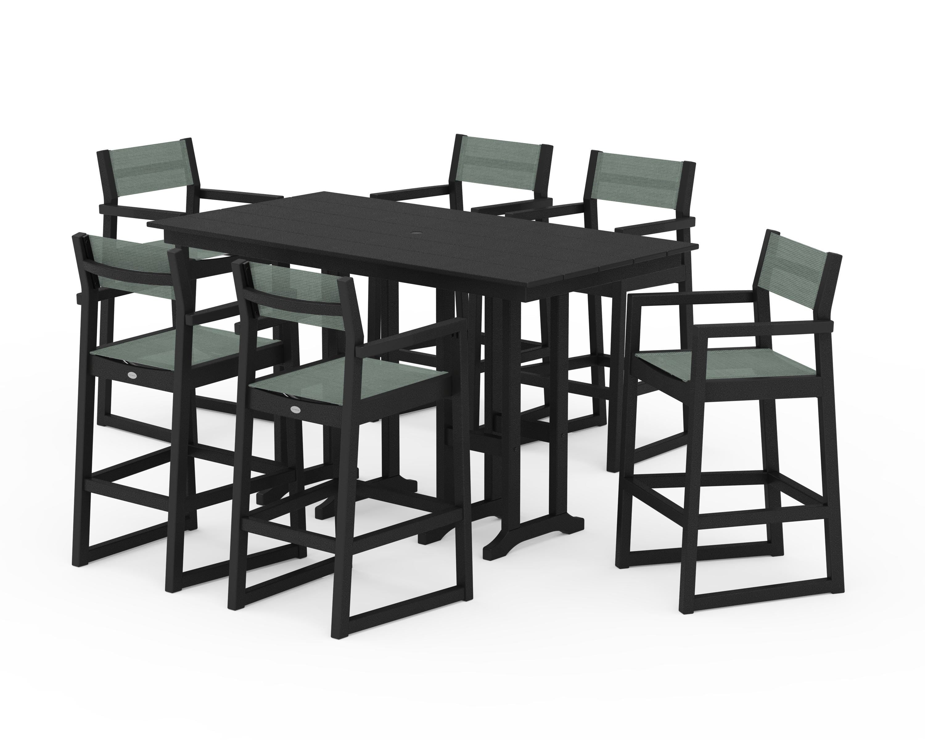 POLYWOOD® EDGE Sling Arm Chair 7-Piece Farmhouse Bar Set in Black / Dupioni Sea Mist Sling