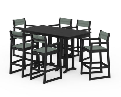 POLYWOOD® EDGE Sling Arm Chair 7-Piece Farmhouse Bar Set in Black / Dupioni Sea Mist Sling
