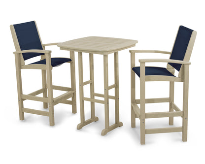 POLYWOOD® Coastal 3-Piece Bar Set in Sand / Navy Blue Sling