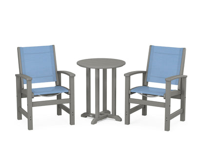 POLYWOOD® Coastal 3-Piece Round Bistro Dining Set in Slate Grey / Poolside Sling