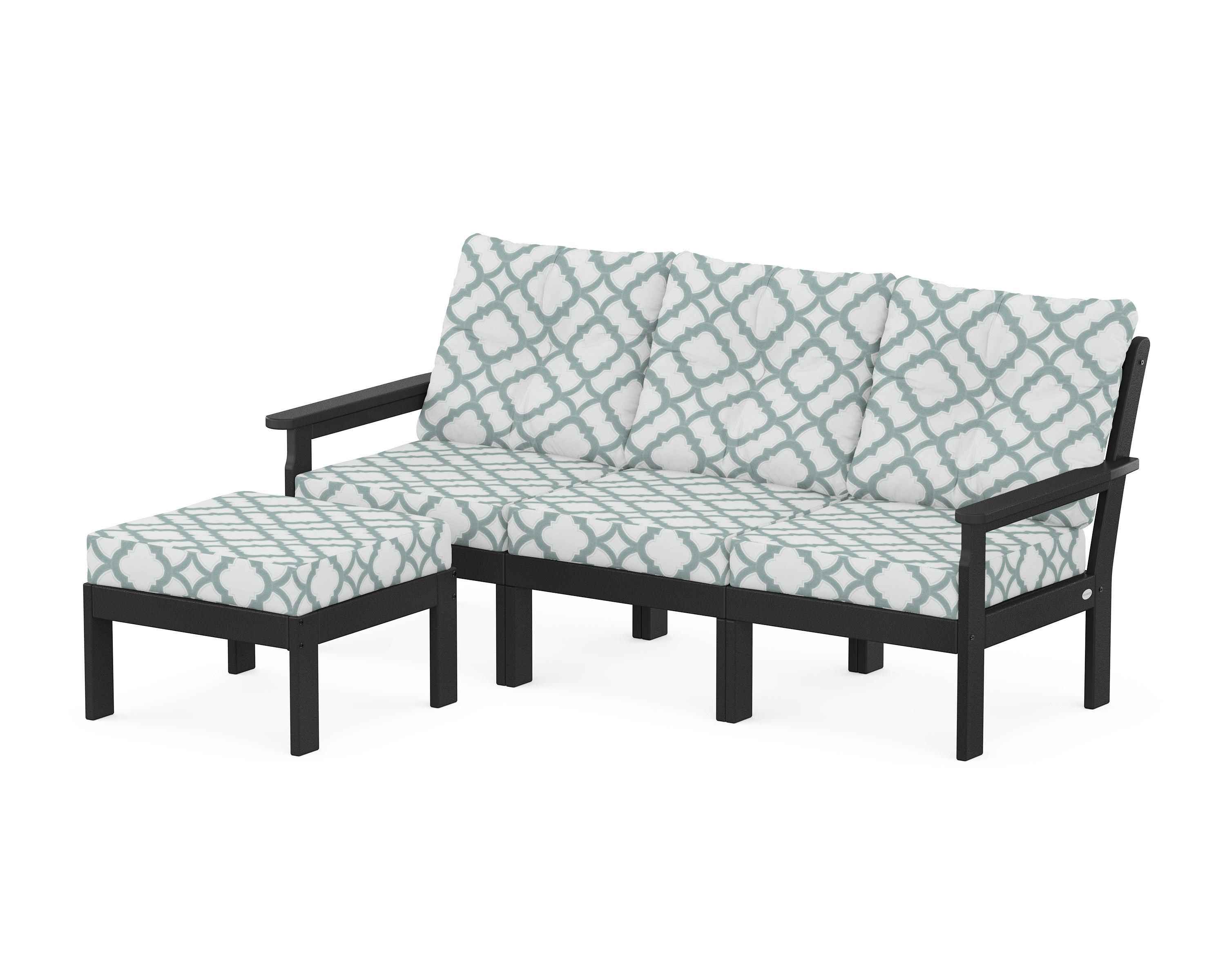 POLYWOOD® Vineyard 4-Piece Sectional with Ottoman in Black / Trellis Glacier Spa