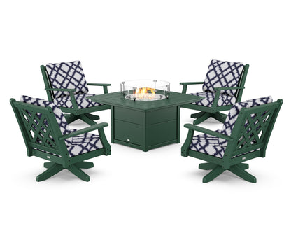 Country Living Wovendale 5-Piece Deep Seating Swivel Conversation Set with Fire Pit Table in Green / Trellis Navy